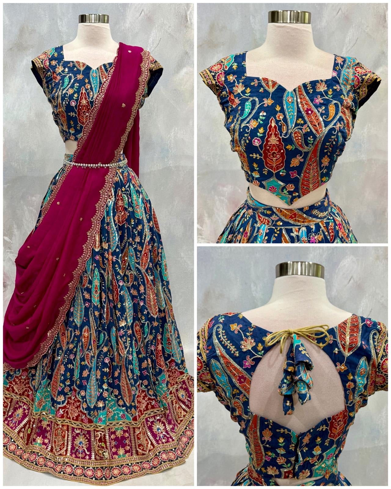 Beautiful Customized Position Print Designer Lehenga. Perfect for weddings. Available in chest size 40 to 46. Skirt waist 32 to 34.