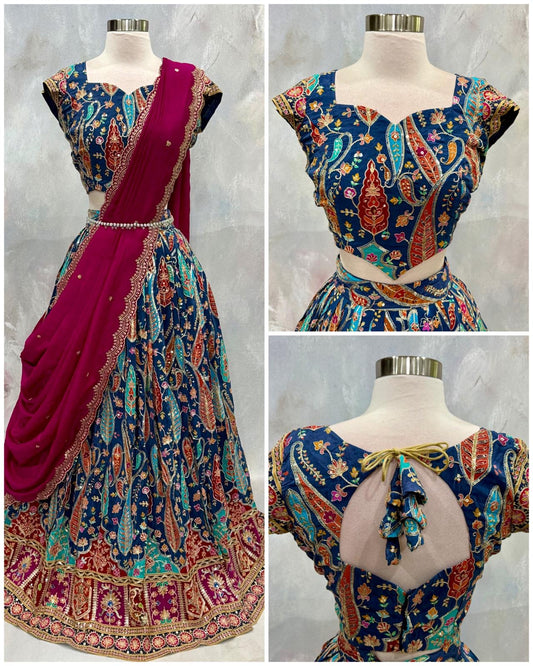 Beautiful Customized Position Print Designer Lehenga. Perfect for weddings. Available in chest size 40 to 46. Skirt waist 32 to 34.