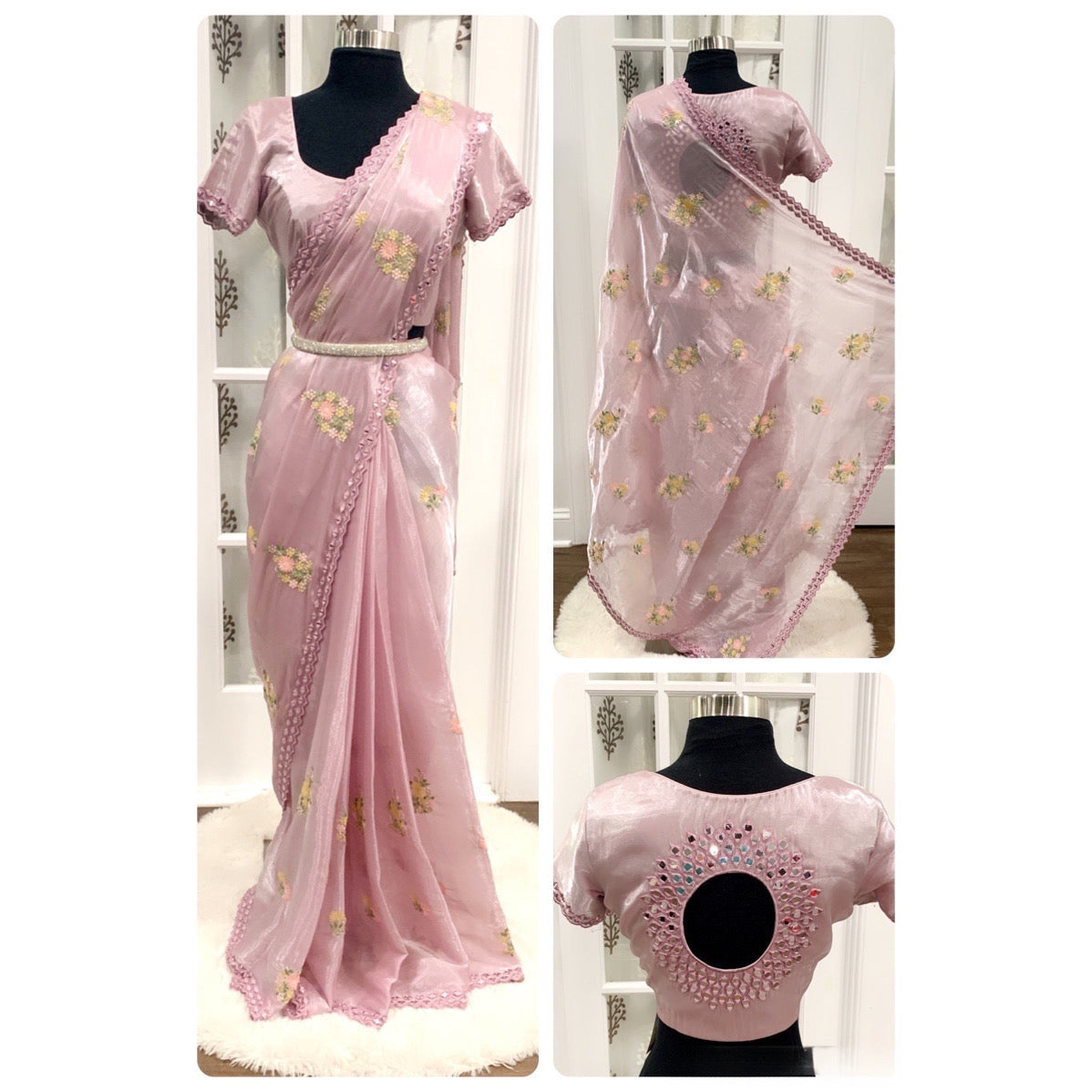 Elegant Premium Organza Saree with Sequins Embroidery and Mirror Work Stitched Blouse size 38 to 42