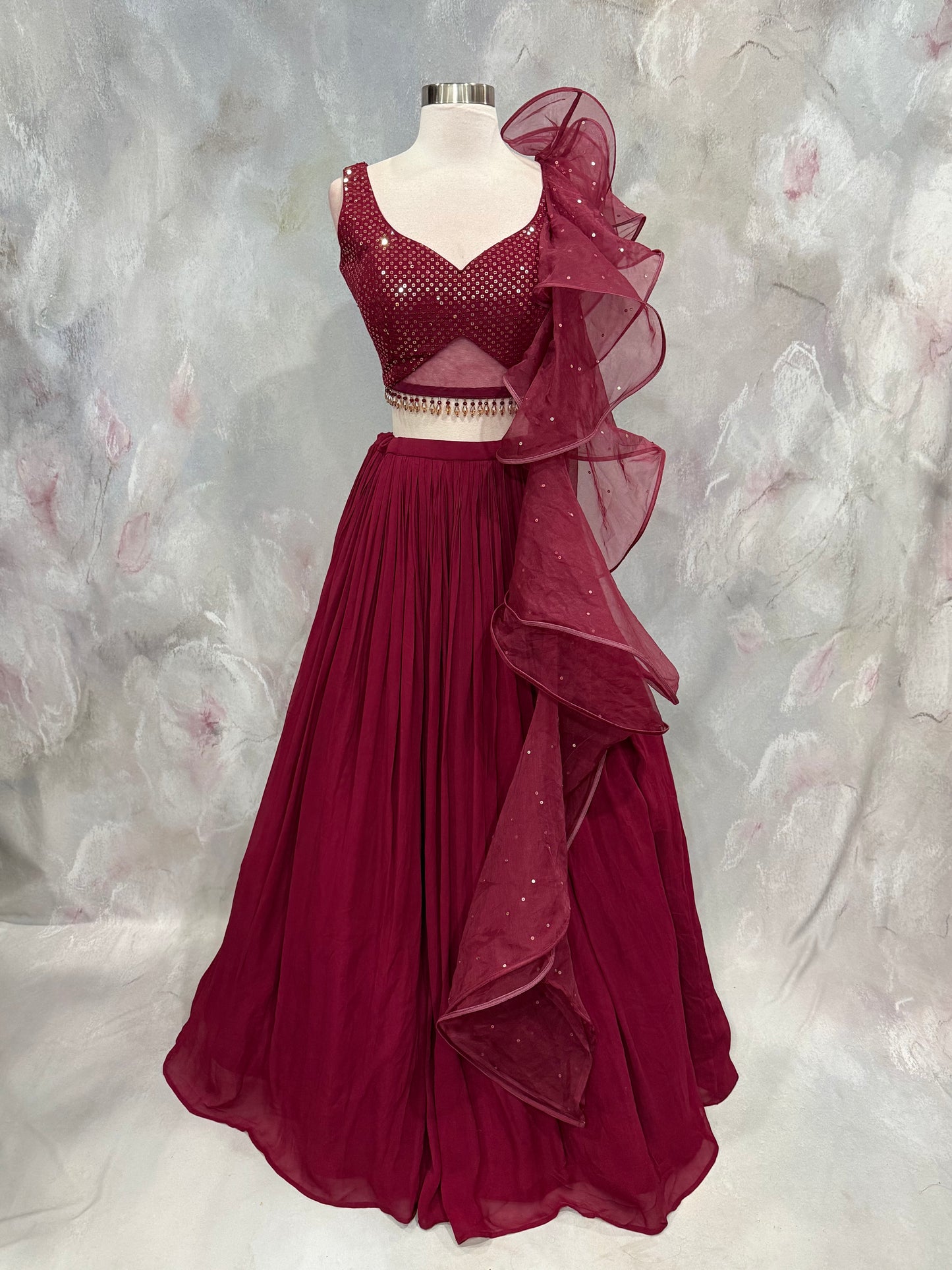 Wine-Hued Glamour Indowestern Croptop Georgette  Lehanga with Ruffle organza dupatta size 36/38 stylish blouse bead embellishments