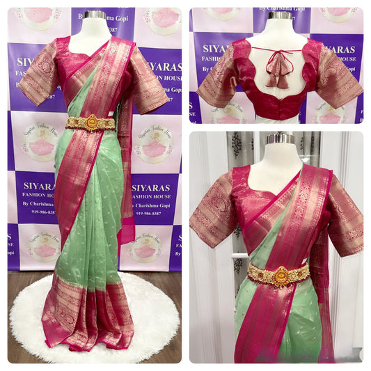 Pure Chanderi Silk Saree Stitched Blouse in Rani pink and pastel green color fits size 38 to 44