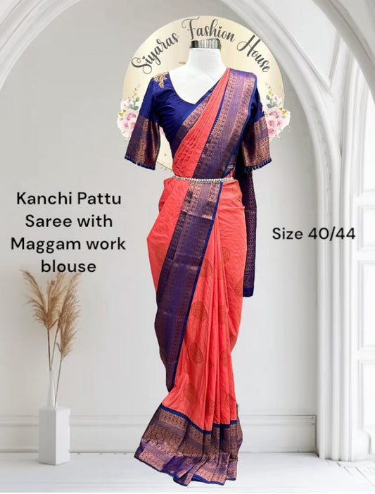 This Kanchi Silk Saree is a timeless blend of tradition and elegance. It’s paired with a Maggam work blouse featuring delicate hand embroidery
Perfect for weddings, temple visits, and festive moments 💐👑
Size 40-44