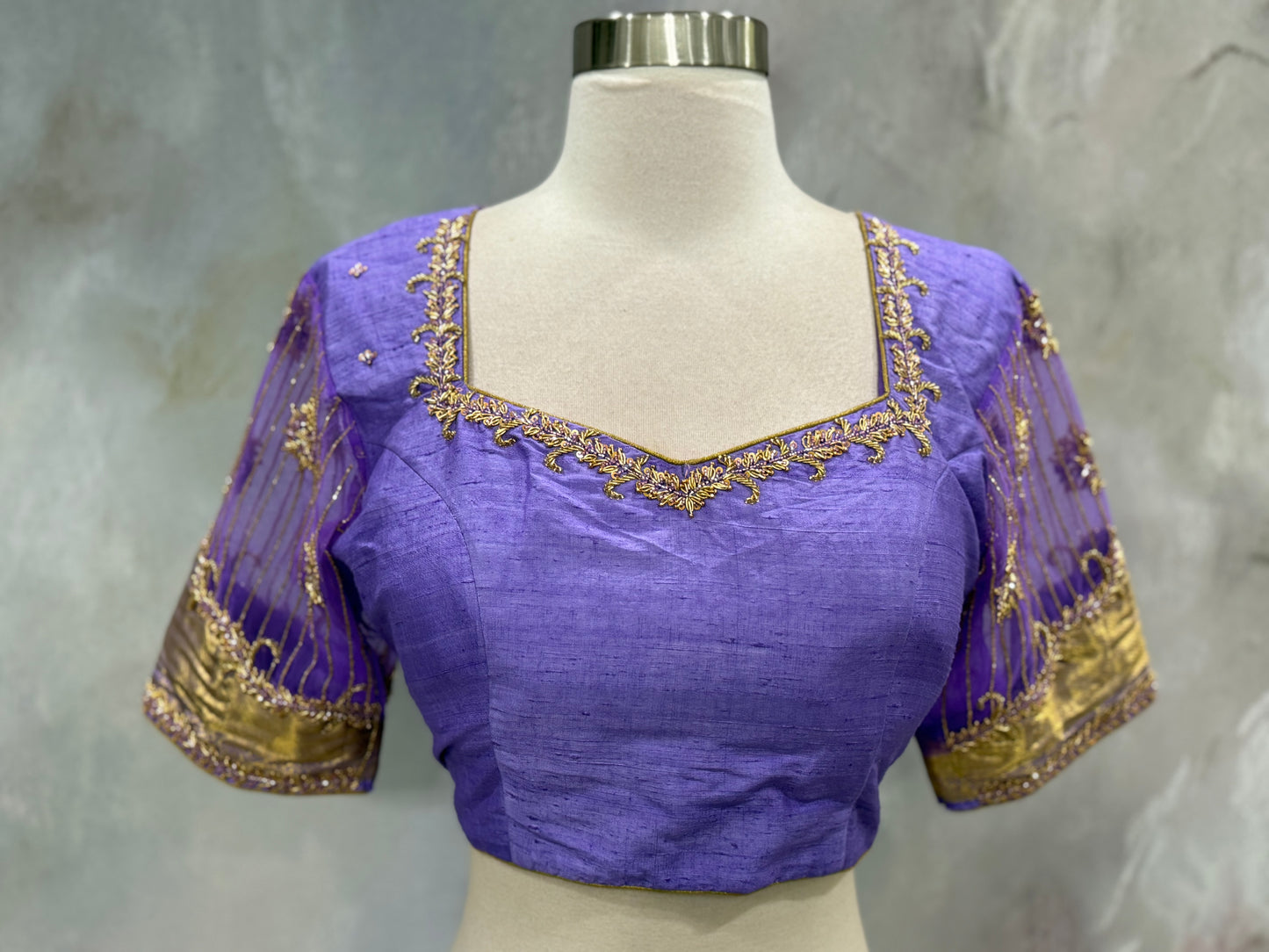 Gorgeous Wedding Pure Silk Mark Kanchi Pattu Saree with elegant designer Maggam work blouse with Net sleeves and back size 40 plus margin