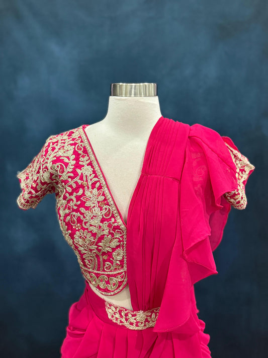 Beautiful Pink Indowestern drape Saree Lehenga. Perfect for party wear and wedding collections. Size fits 36 and 38. We can alter the size if needed.