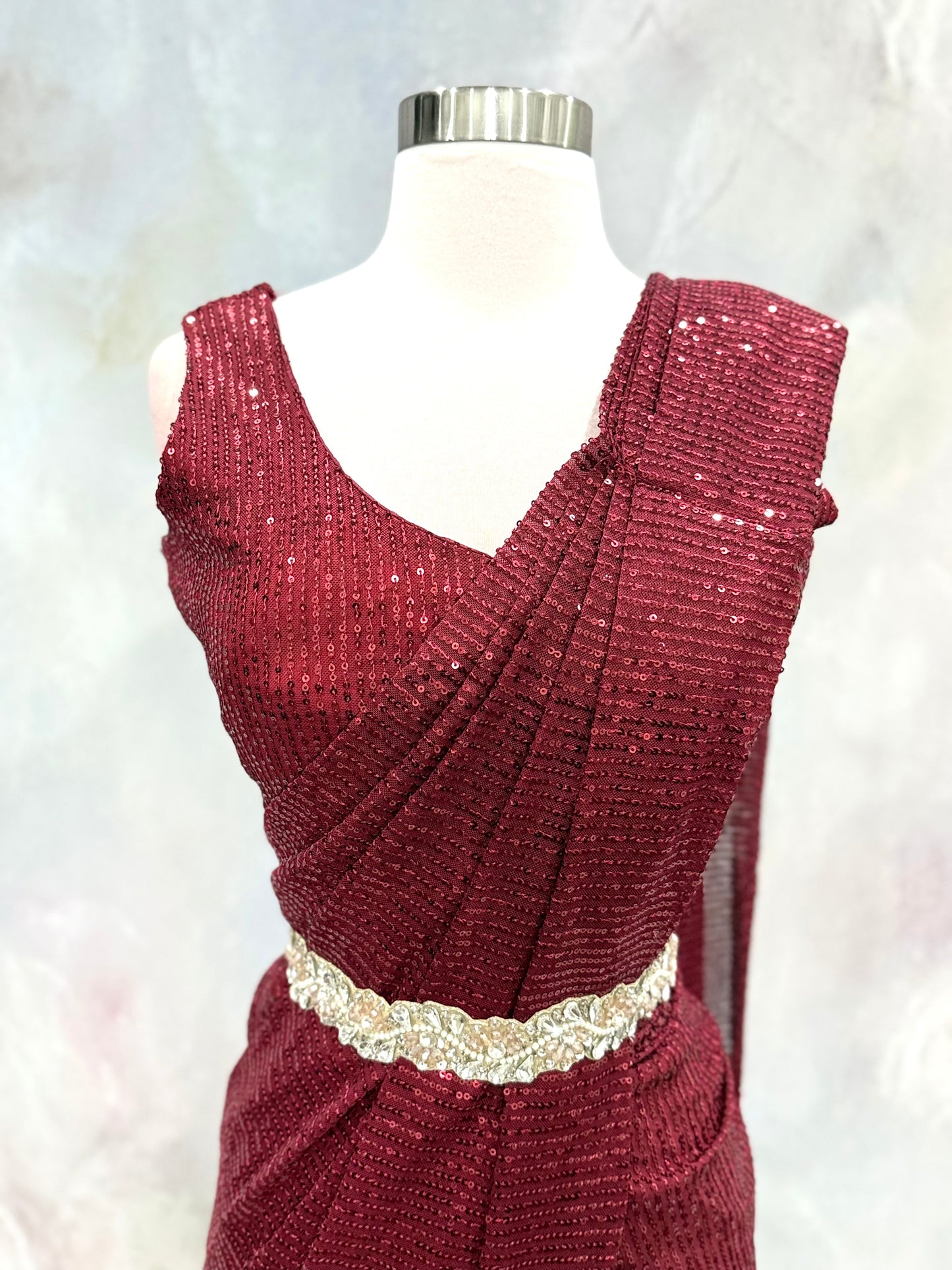 Gorgeous Ready to wear sequin sareee burgundy color sequin fabric size 38 ready to ship cocktail wedding sangeet Partywear dress