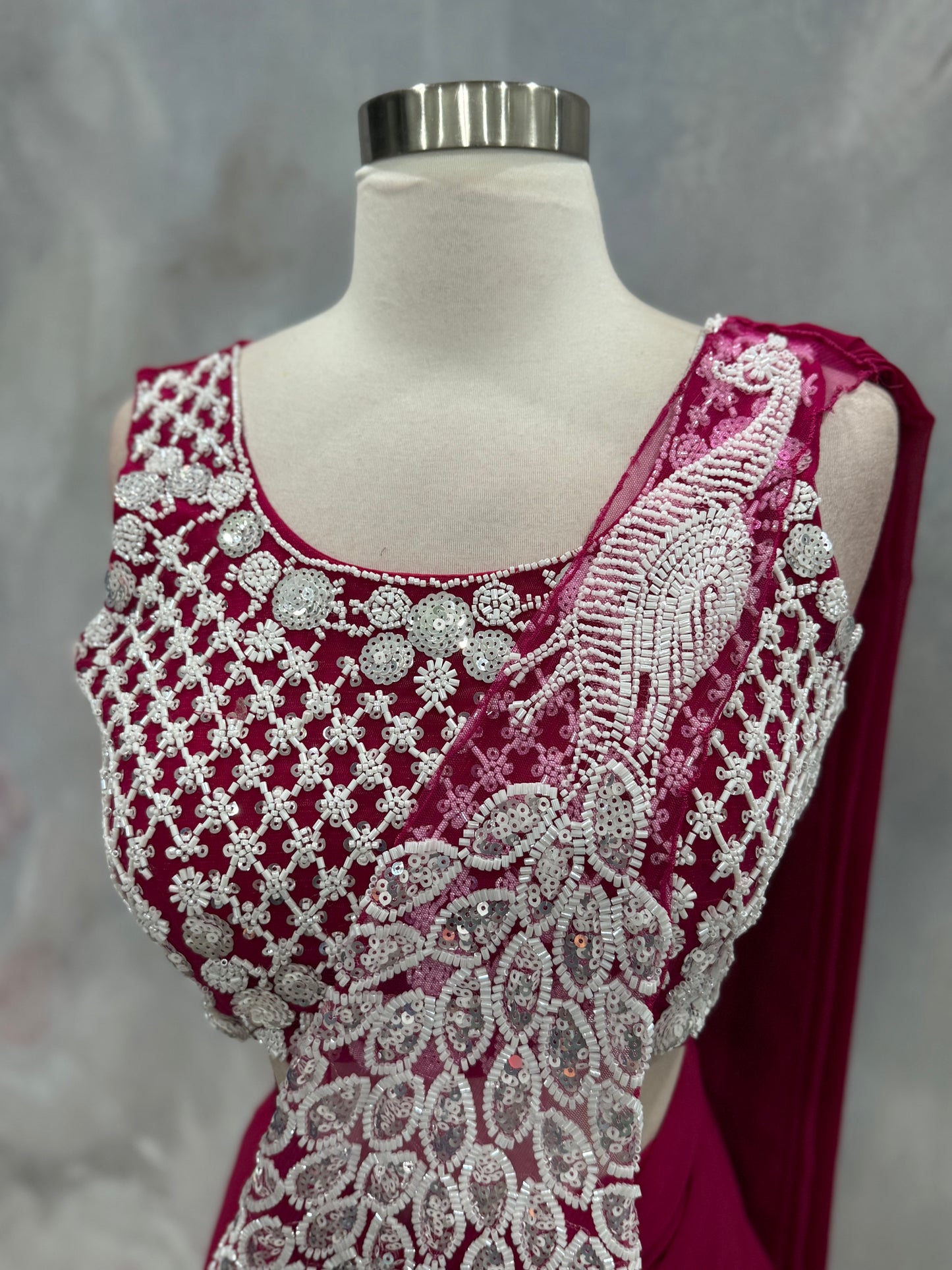 Elegant Pink Indowestern Drape style Lehanga with work top in Georgette fabric easy to wear wedding Partywear dress size 36