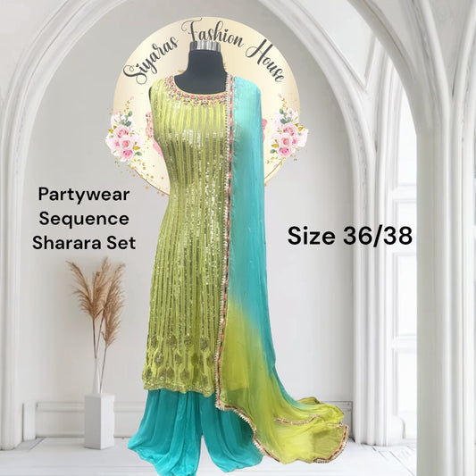 Dazzling Partywear sequence  Sharara set in blue and radium yellow size 36/38 ready to ship USA premium quality wedding collection