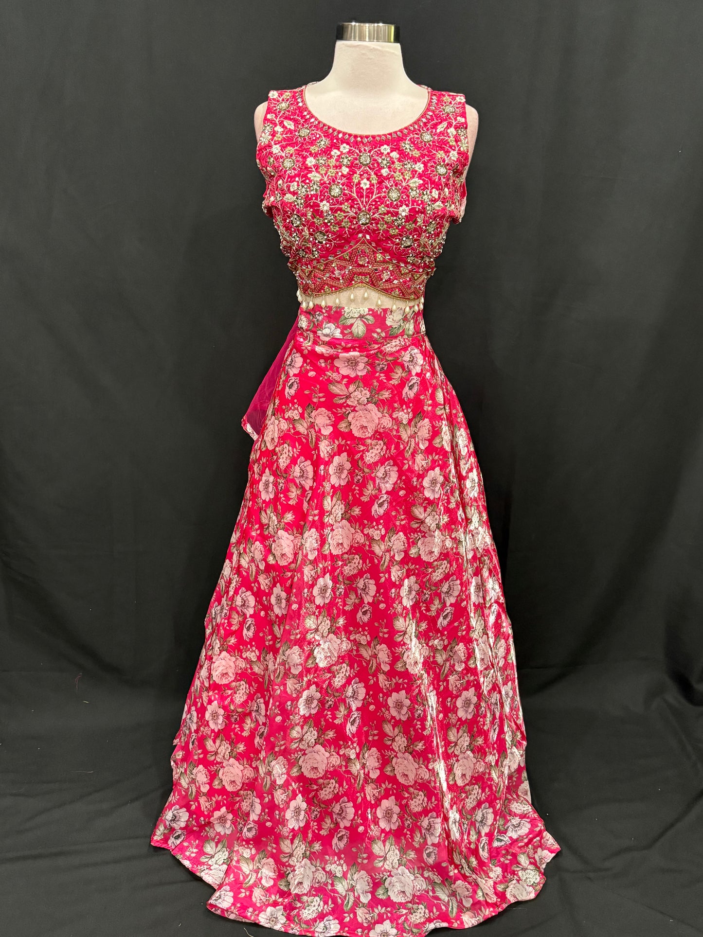 Beautiful  Floral Pink organza Lehanga embroidered mirror work blouse perfect for partywear. Available in size 40 fully stiched ready