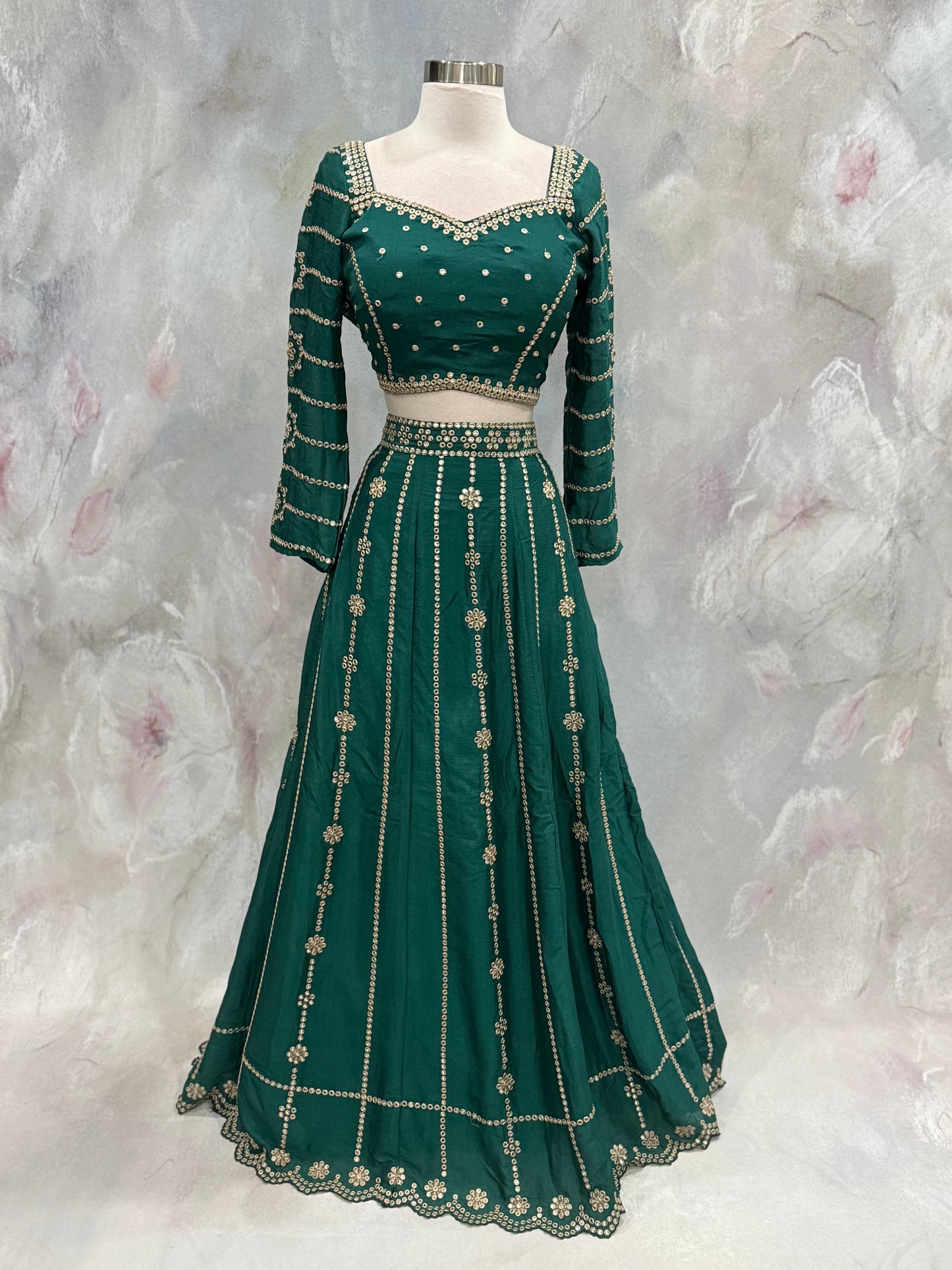 Elegant Green Silk Lehenga Choli – Mehendi & Wedding Partywear | Fully Stitched | Size 38 | Ready to Ship USA