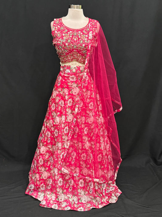 Beautiful  Floral Pink organza Lehanga embroidered mirror work blouse perfect for partywear. Available in size 40 fully stiched ready