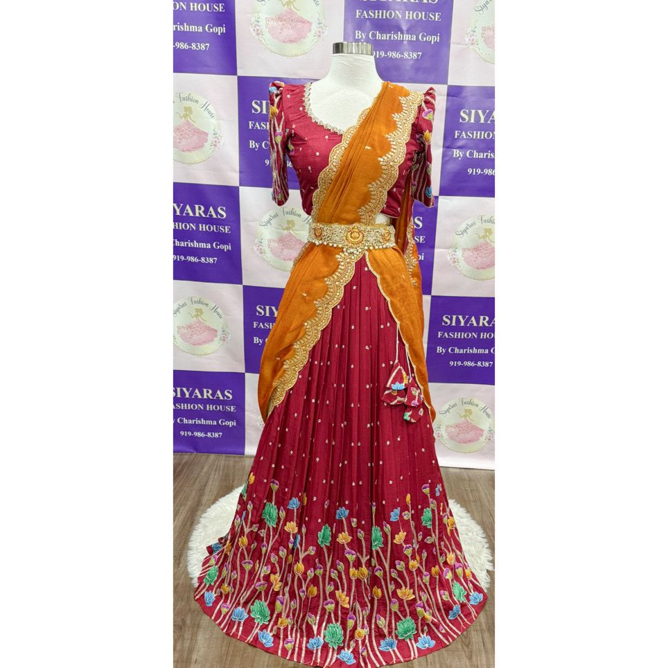 This stunning customized Kalamkari all-over work Half Saree / Langa Voni is crafted to perfection with vibrant sequence  embroidery work and elegant detailing designed Maggam work blouse (Size 36–40)