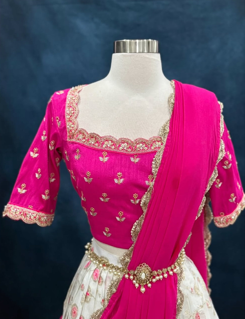 Pretty in pink & blooming in style.
Raw silk blouse paired with a charming Banarasi silk dyeable floral lehanga… elegance redefined
Size 36/38