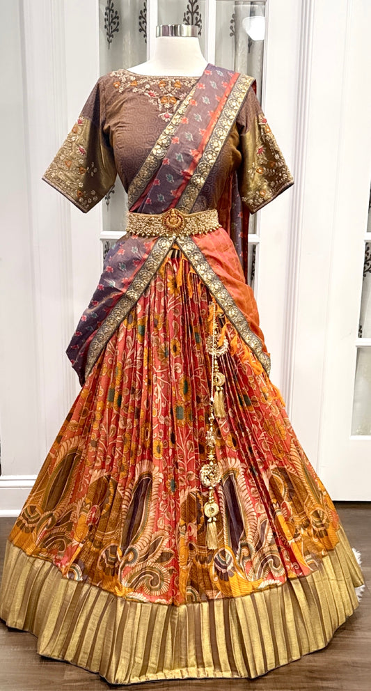 Pure Silk Kalamkari Langa Voni Half Saree  with Maggam work blouse for  Grand Wedding Wear or Half Saree function, Gift Half Saree size 44