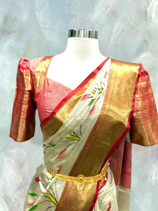 Kanchi Tissue Silk Saree with Stitched Designer Blouse Size 36-40 | Kanchipuram Gold Zari Wedding Saree | South Indian Bridal Festive Wear