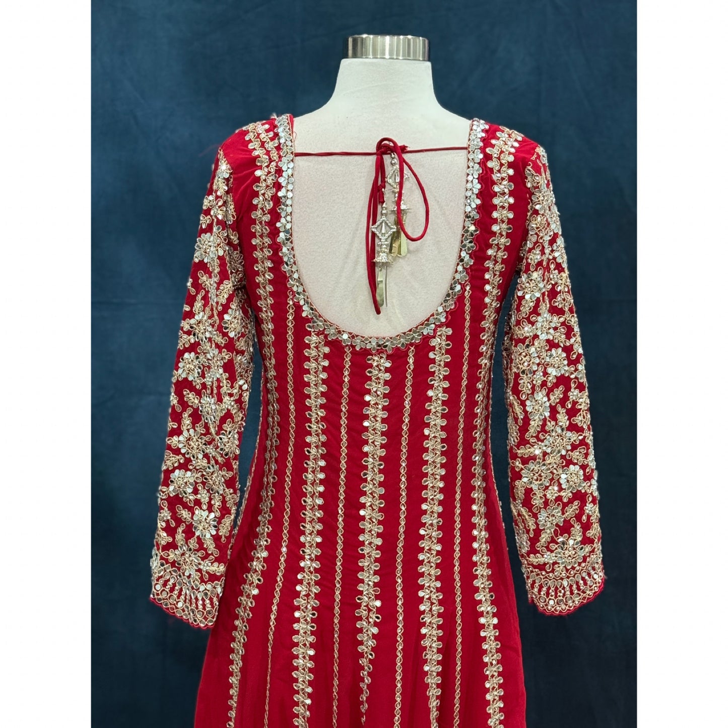 Partywear Mirror Work Anarkali Suit with Palazzo Pants and Blue Dupatta | Red Anarkali Set | Sizes Large (40) & XL (42)