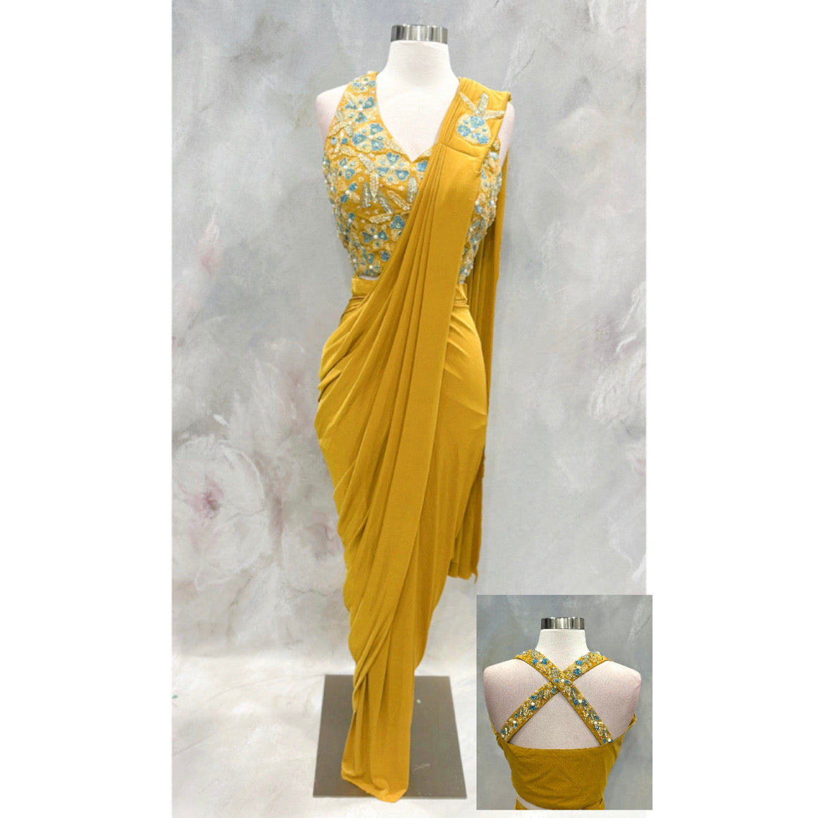 Mustard Yellow R wet to wear Saree with halter neck work blouse