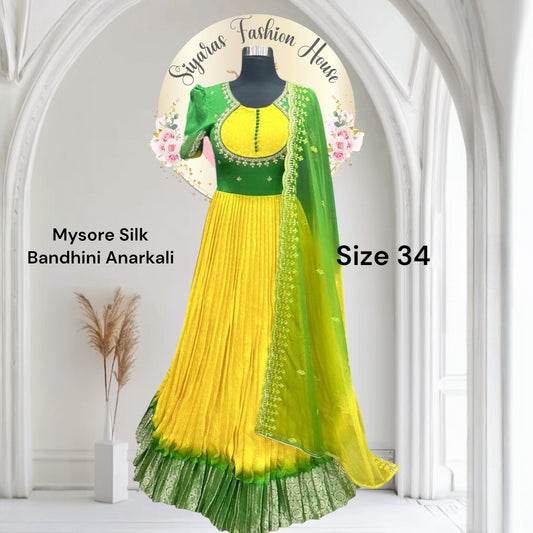 Beautiful Mysore Silk Bandhini Anarkali Long gown with dual shade organza duoatta . Avl in size 32/34/36