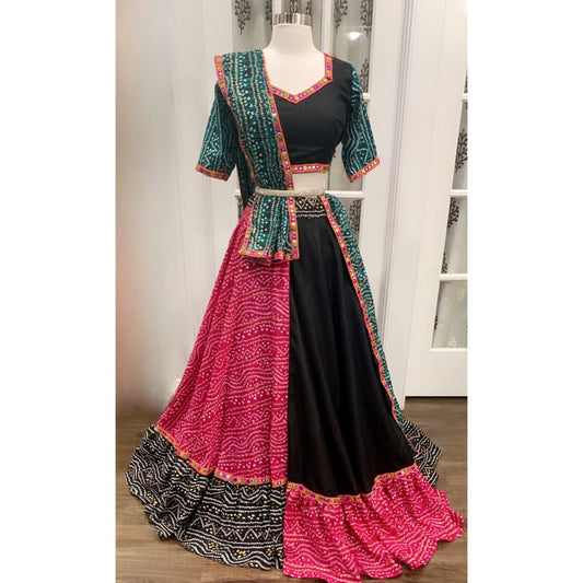 Bandhini Designer big flair 8mts Chaniya Choli for Navratri Season in elegant Black , green and rani pink combo size 38 plus margin