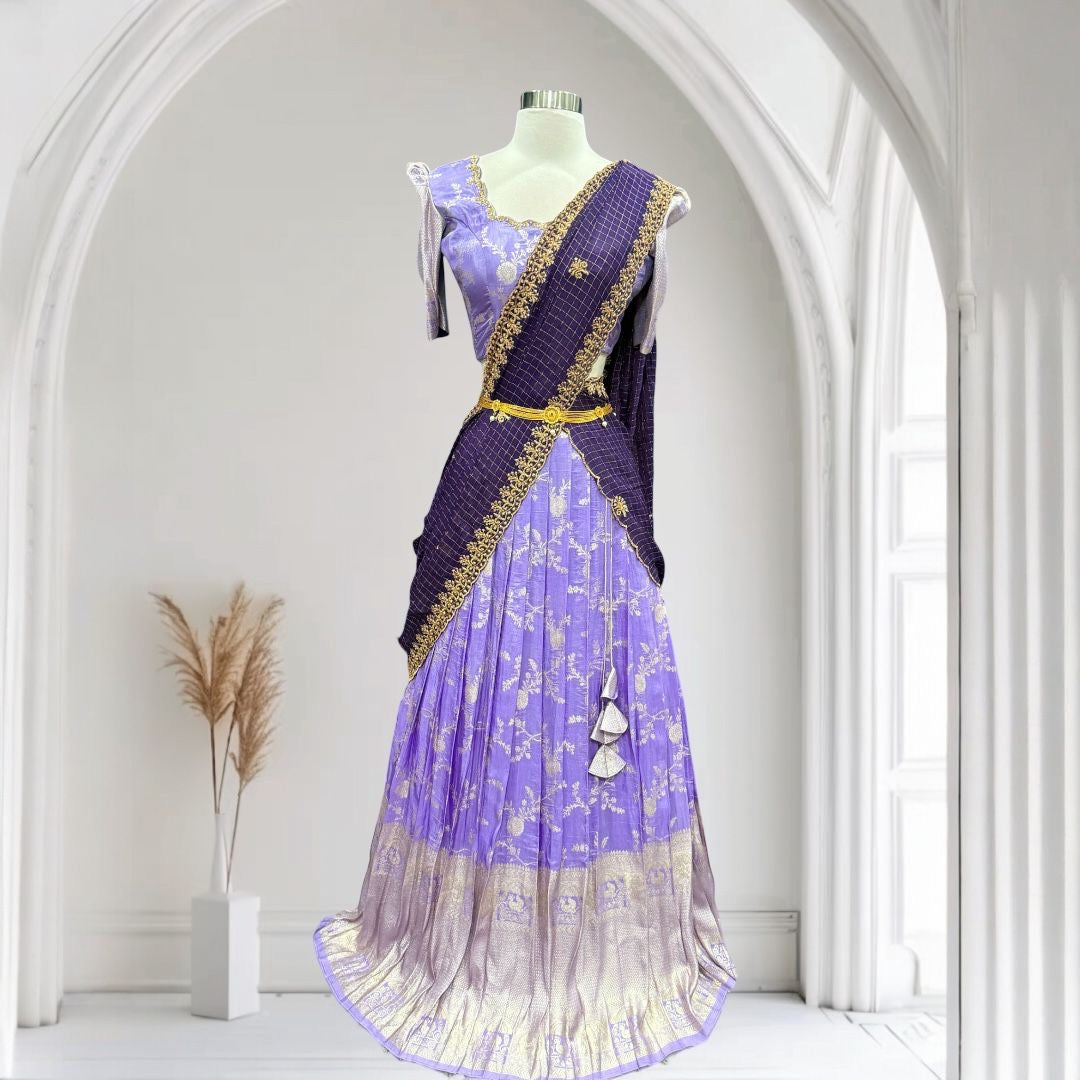 Gorgeous  Tissue Half saree/Lang Voni  with Maggam work blouse  and a grand tissue dupatta  size 36 for teens wedding half saree function