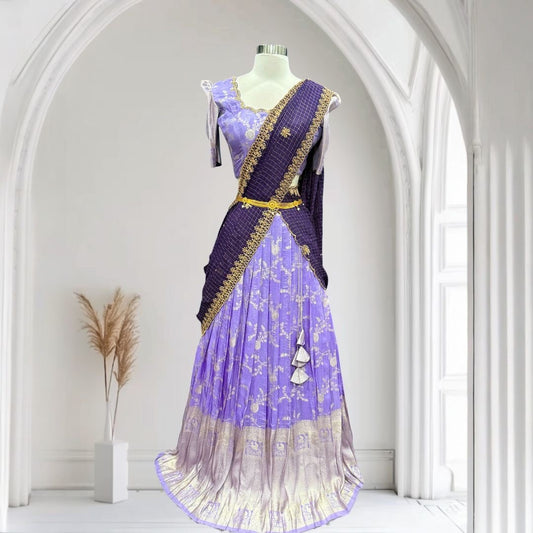 Gorgeous  Tissue Half saree/Lang Voni  with Maggam work blouse  and a grand tissue dupatta  size 36 for teens wedding half saree function