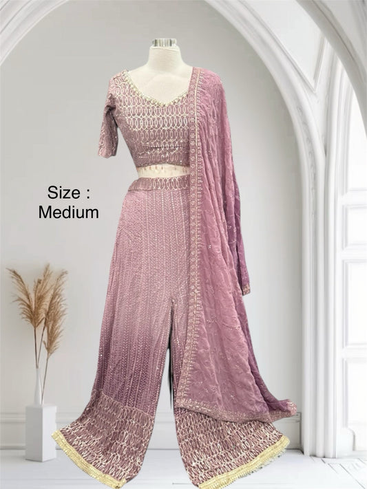 Elevate your ethnic wardrobe with this elegant Embroidered Palazzo Set, designed for festive. Available in size 38.

Dusky Lavender to dark. Embroidered Palazzo Set with Dupatta