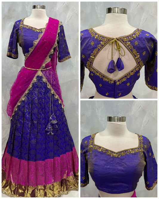 Elegant Kanchi Pattu Lehenga in a stunning royal blue & pink color combination, beautifully enhanced with intricate handcrafted Maggam embroidery. Perfect for weddings, receptions, festivals, and traditional celebrations. Size 38/40