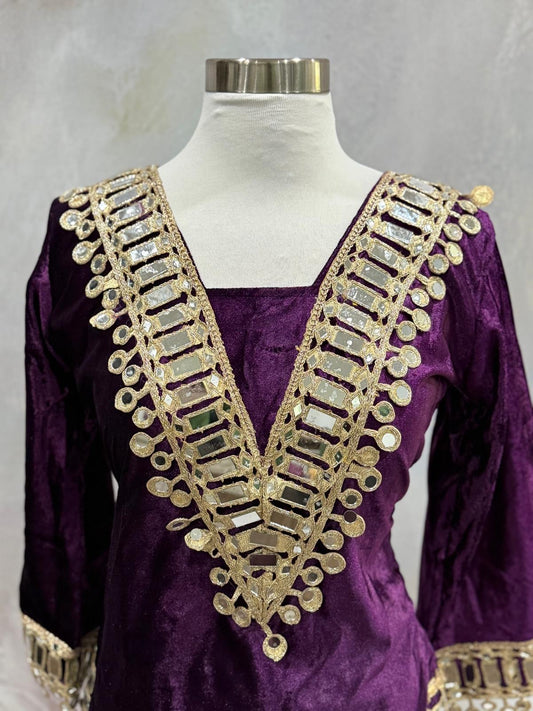 Gorgeous ice velvet Mirrorwork  Putple 2 pc Sharara set with potli bag , elegant wedding , Diwali outfit ready to ship size 36 , 38