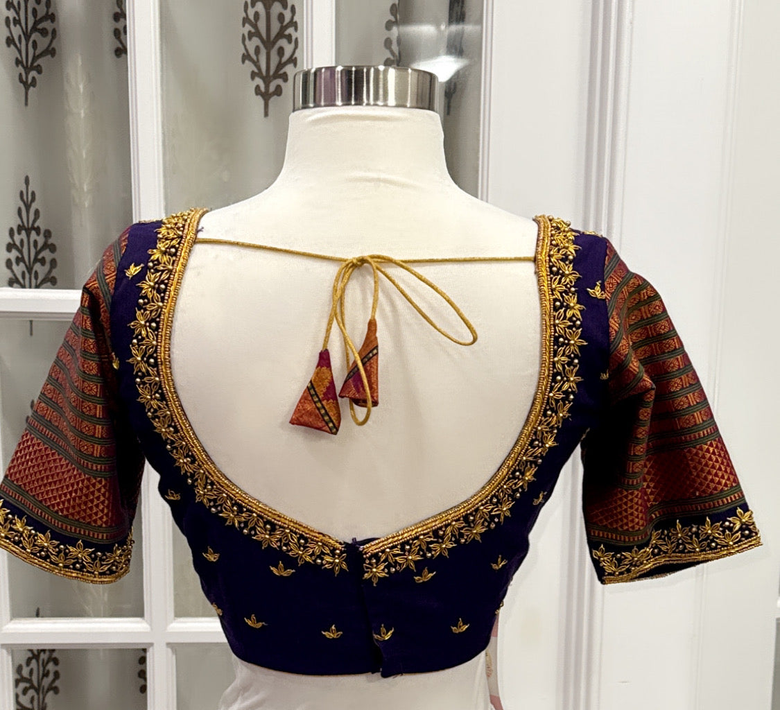 Dark Purple Narayanpet cotton half saree with Maggam work blouse stitched set