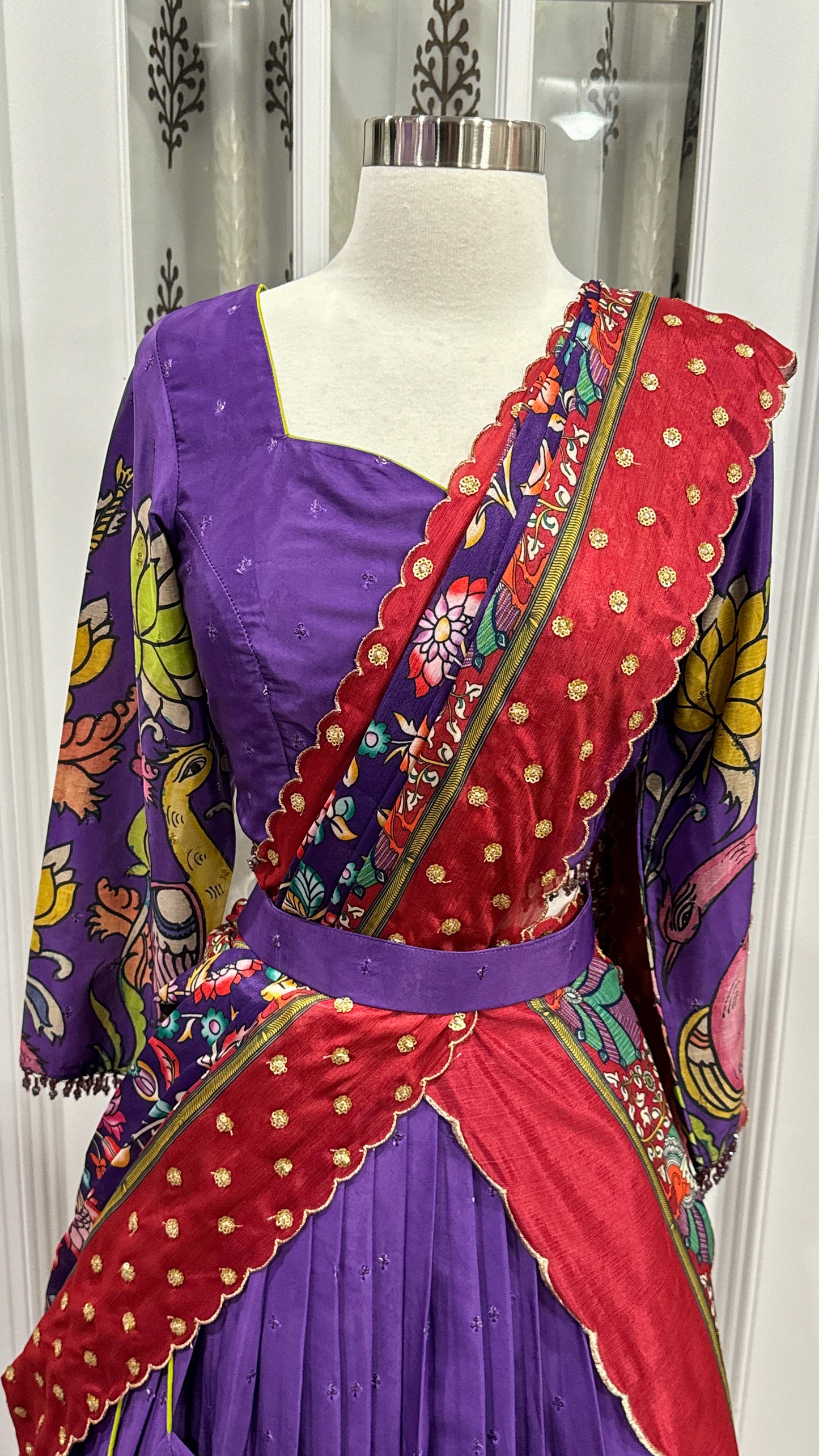 Beautiful Purple Kalamkari half saree Designer blouse full hands    PartyWear function dress