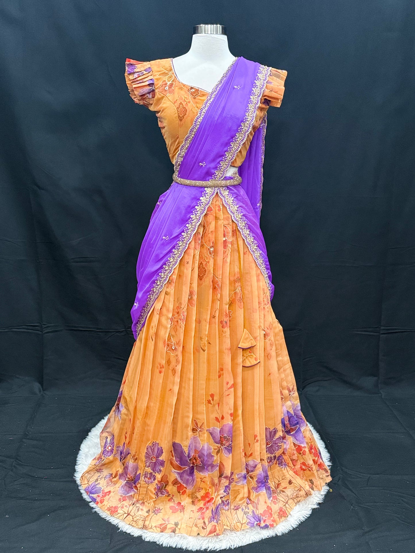 Customized Organza Lehenga / Half Saree in Orange and Purple | Floral Partywear Lehenga | size 36 to 40  | Ready to Ship from USA |