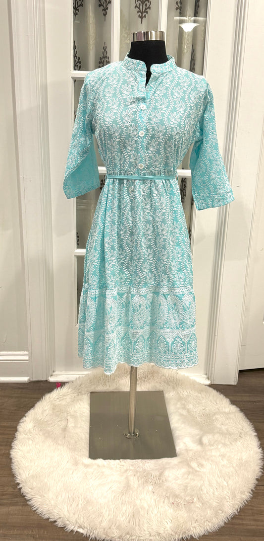 Beautiful sky blue Chikankari summer frock available in size 40. Length is 39
