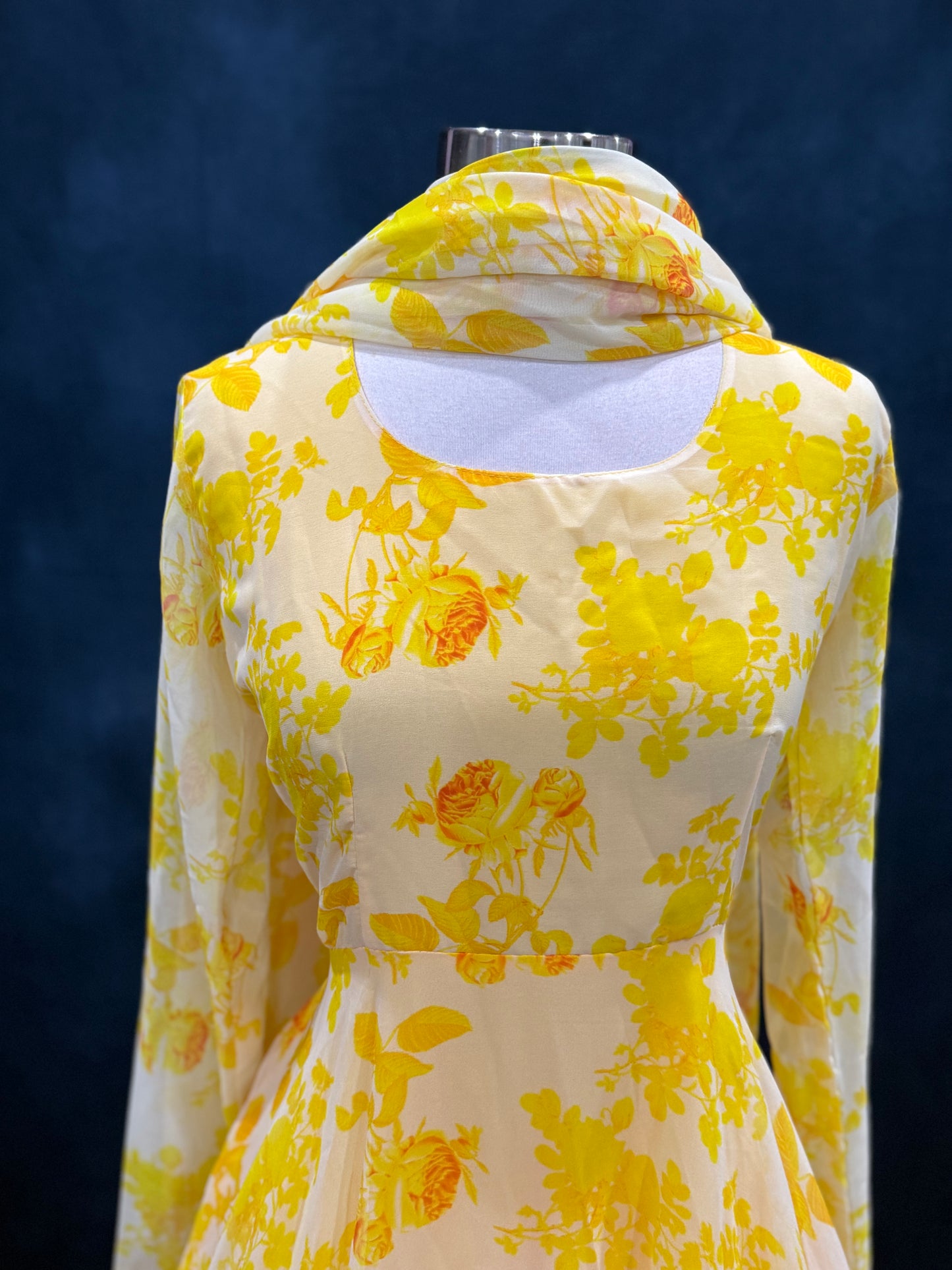 On Sale Beautiful yellow Anarkali long gown  with chudi hands haldi floral with matching dupatta size XL 42 length 58 ready to ship USA