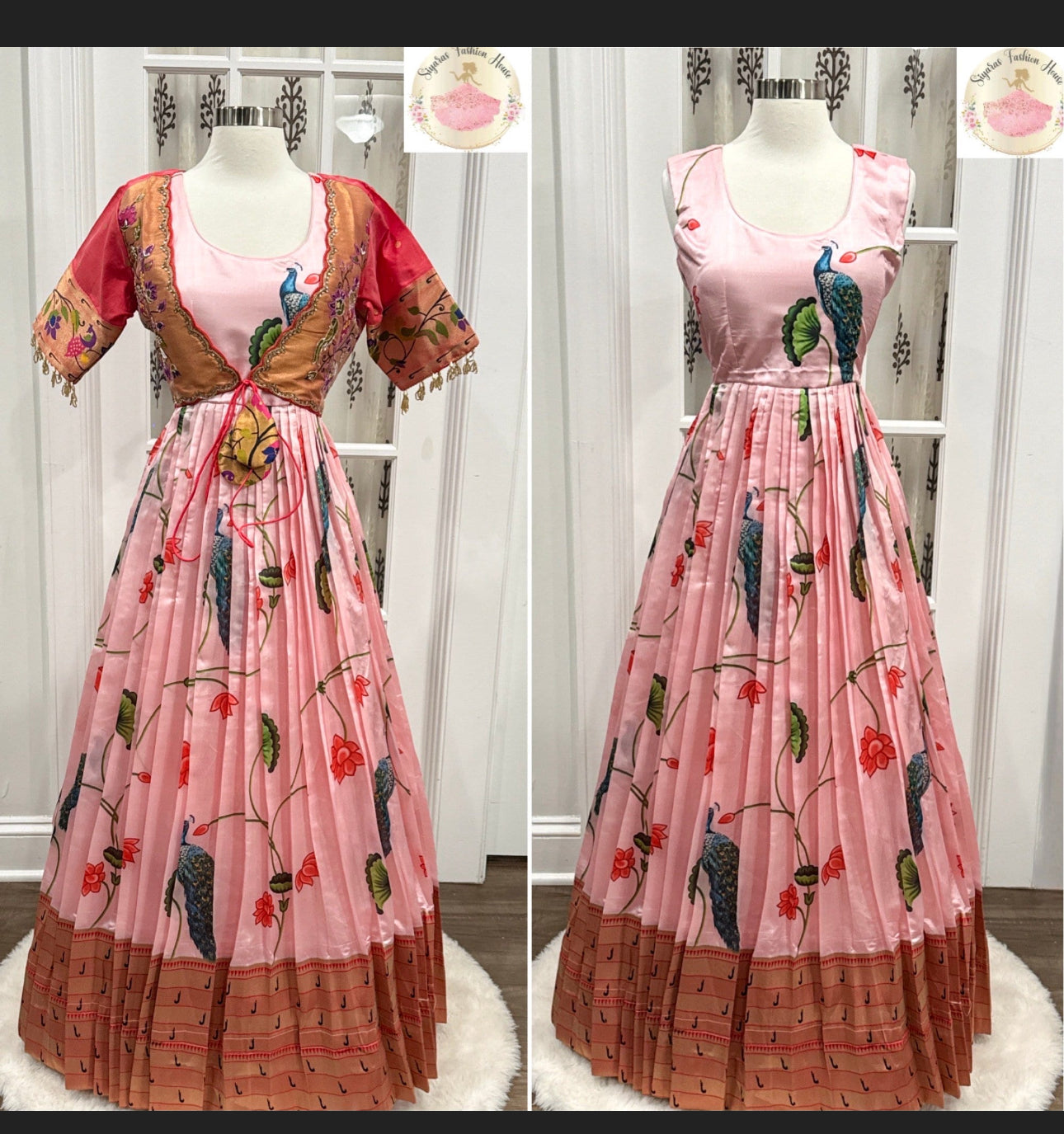 Pink Pethani Kalamkari Banarsi Dress with Pethani Peacock Motif Zari Jacket, featuring glass bead lace and hand embroidery