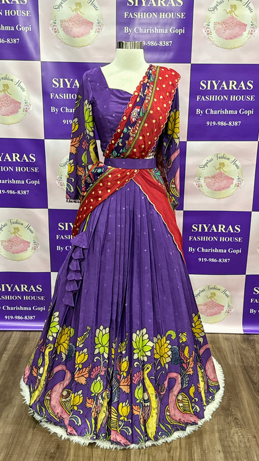 Beautiful Purple Kalamkari half saree Designer blouse full hands    PartyWear function dress