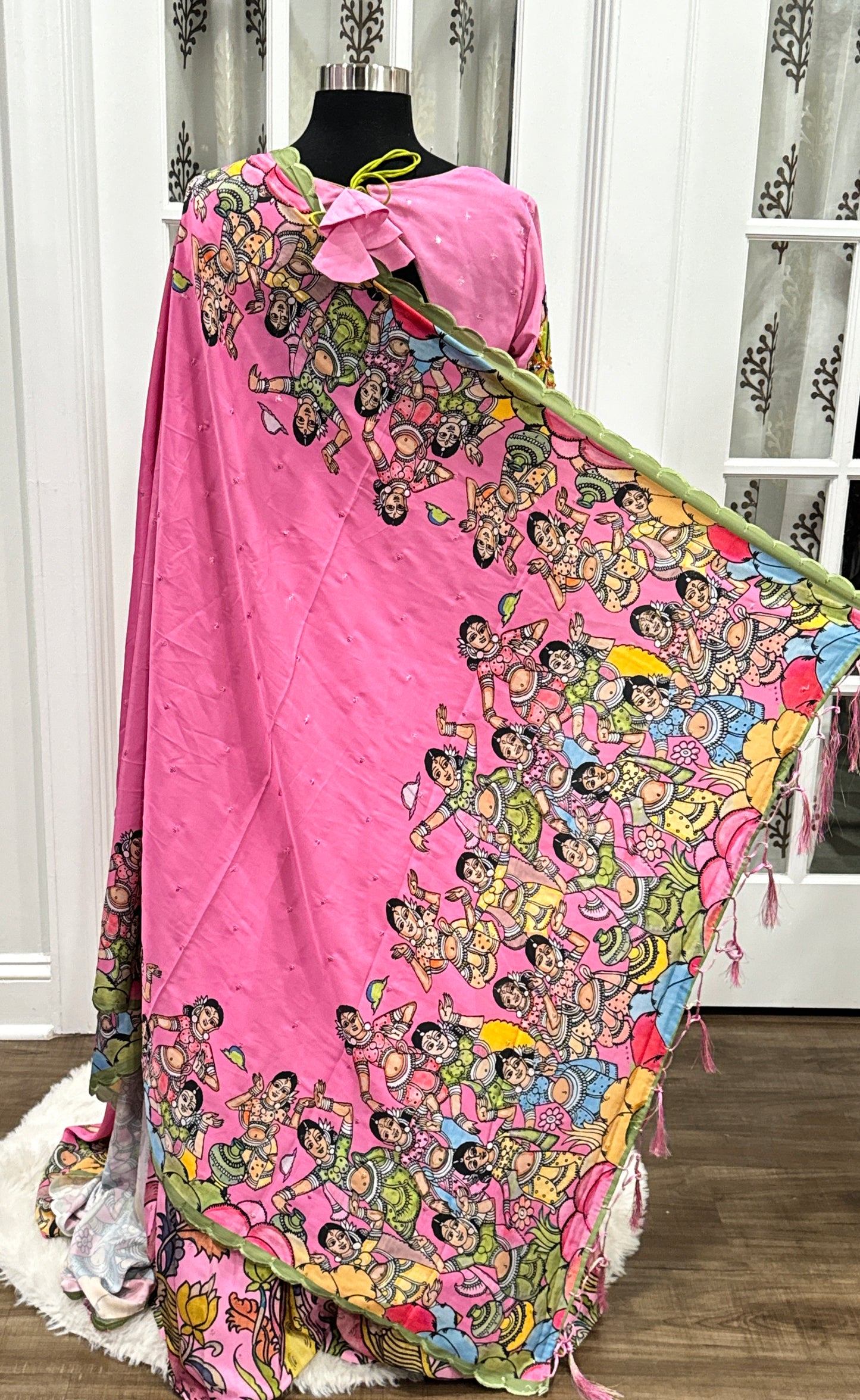 Beautiful pink Kalamkari half saree Maggam work / Aari work designer blouse full hands  and Ajanta print Dupatta. size fits 38-42 PartyWear function dress
