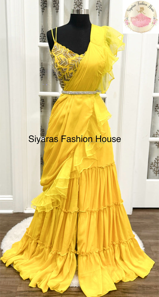 Stunning Indowestern drape style Yellow Crop Top Set with Sharara Pants with designer style handwork top size 38