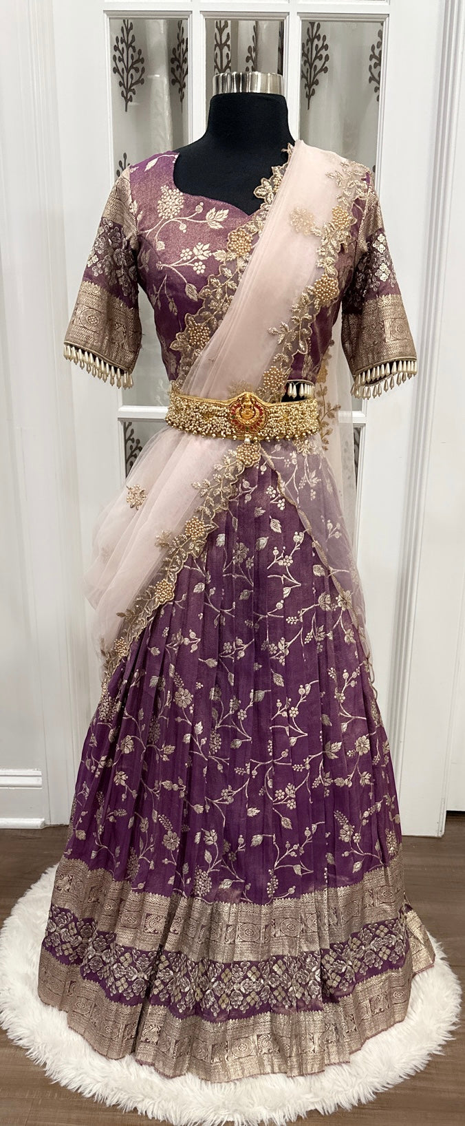 Tissue Half saree in elegant deep purple color with vibrant dupatta with hand embellishment stitched blouse  size 38