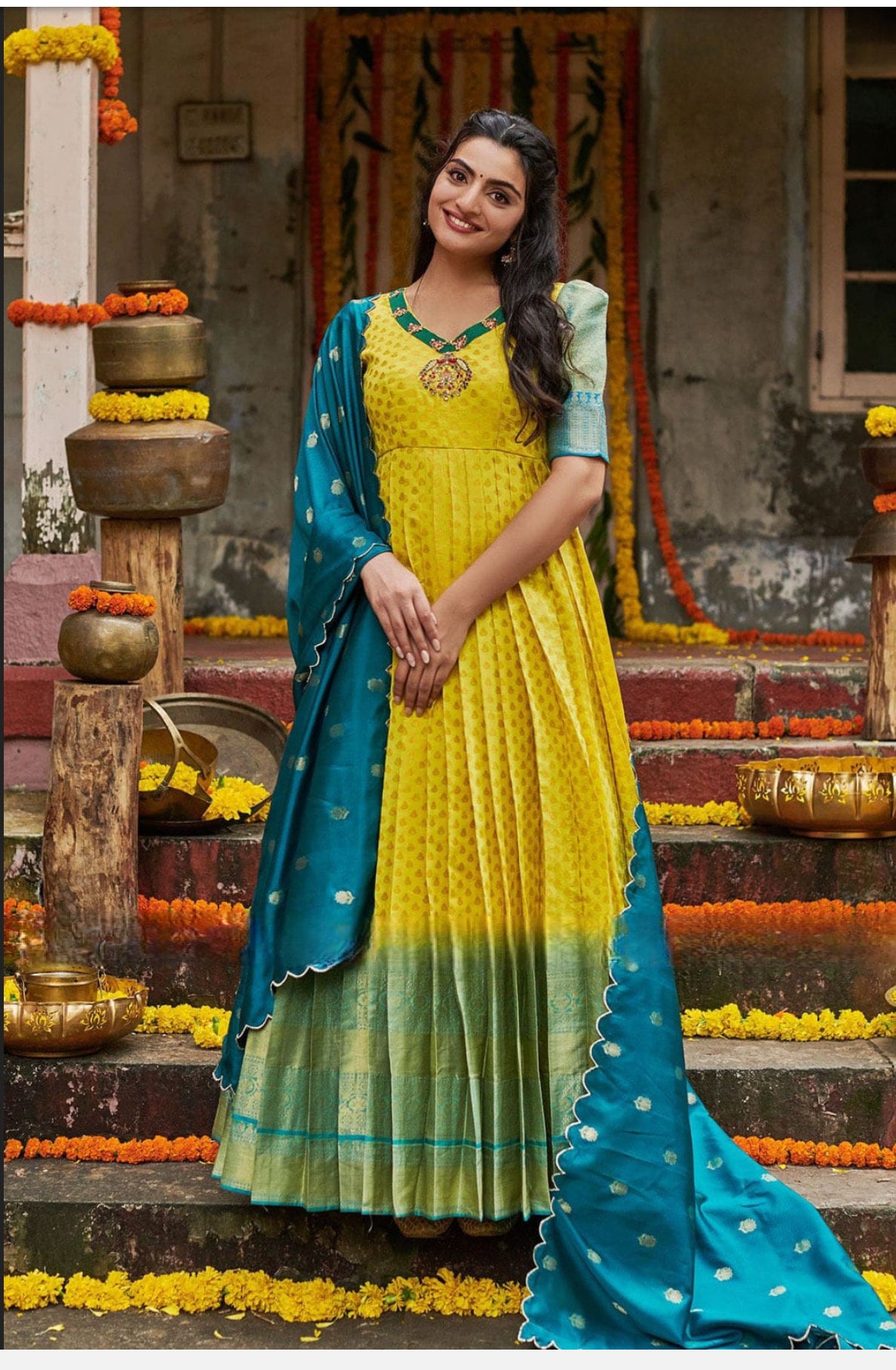 Lemon Yellow Banarasi Anarkali Dress with full in elegant color combo of yellow and teal blue Partywear srese