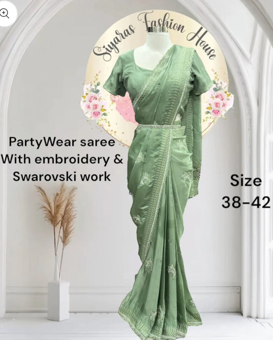 cocktail PartyWear saree, Featuring exquisite embroidery & Swarovski work Perfect for your special occasions! 
Size 38-42