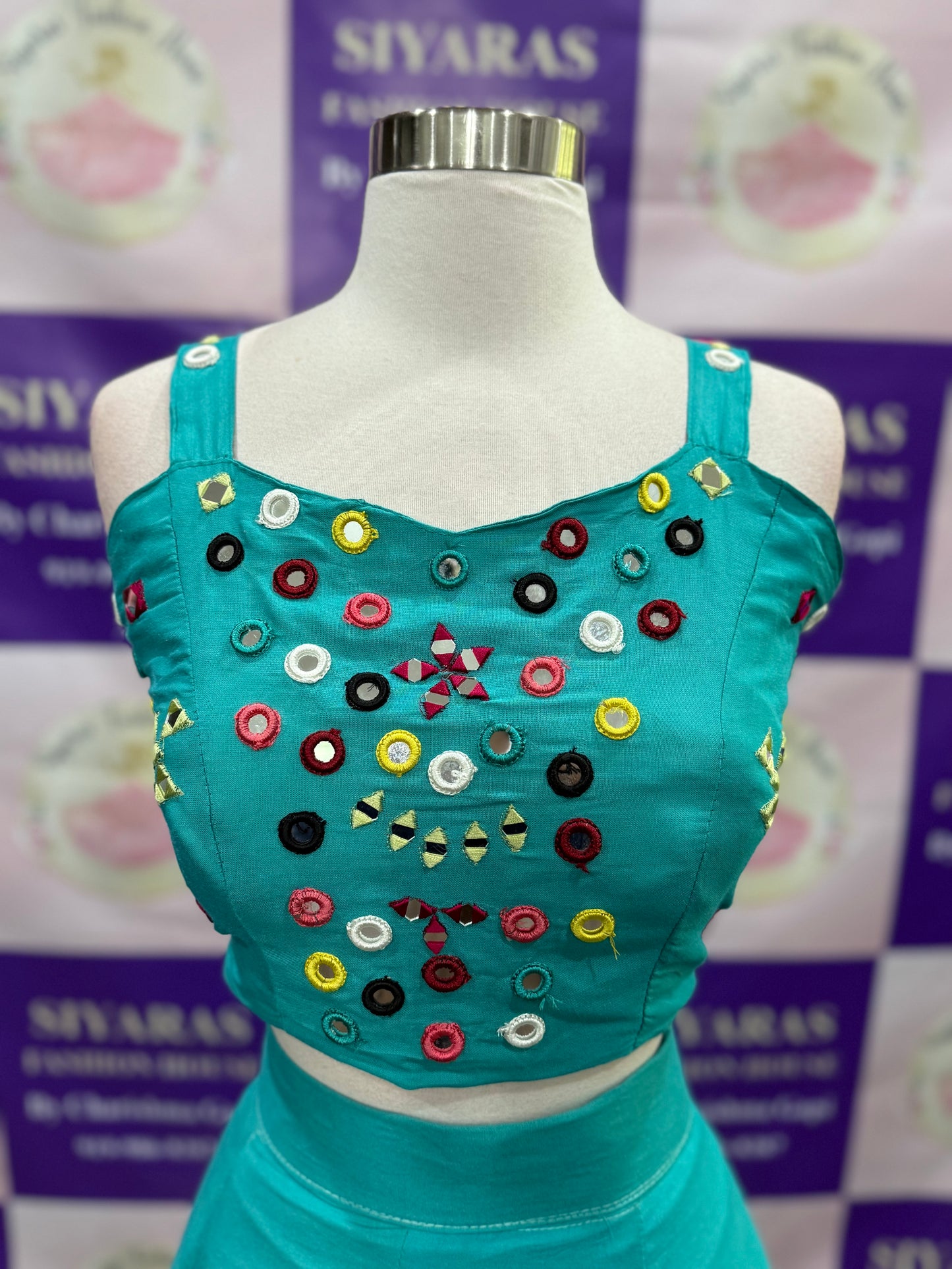 Navratri Chaniya choli with mirror work blouse in teal blue color size 40