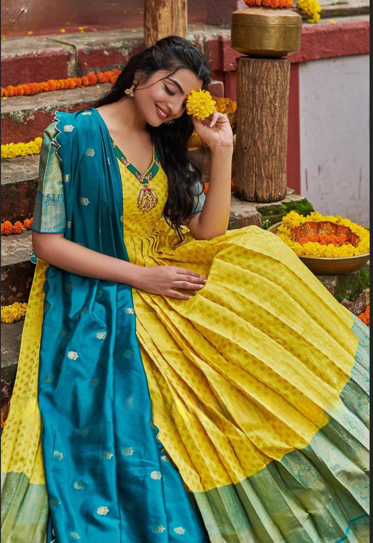 Lemon Yellow Banarasi Anarkali Dress with full in elegant color combo of yellow and teal blue Partywear srese