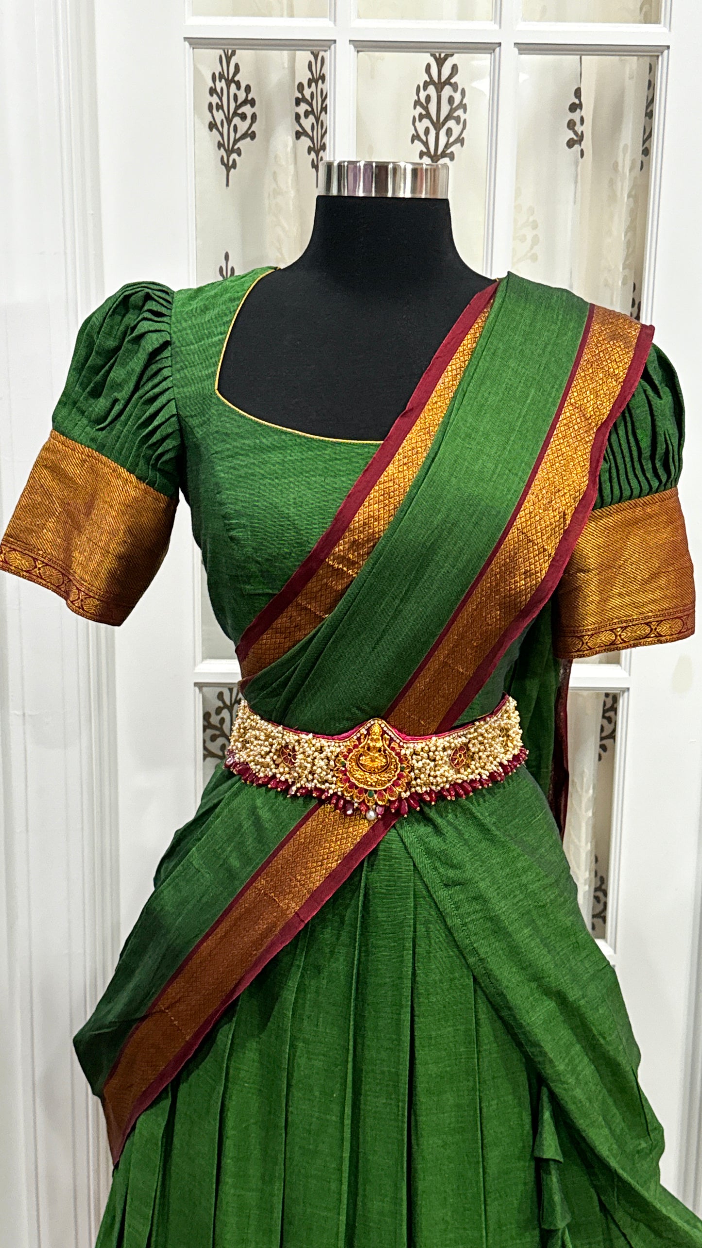 Elegant NarayanPet cotton Half Saree in parrot green and maroon color combo with zari border for Teens/Adults