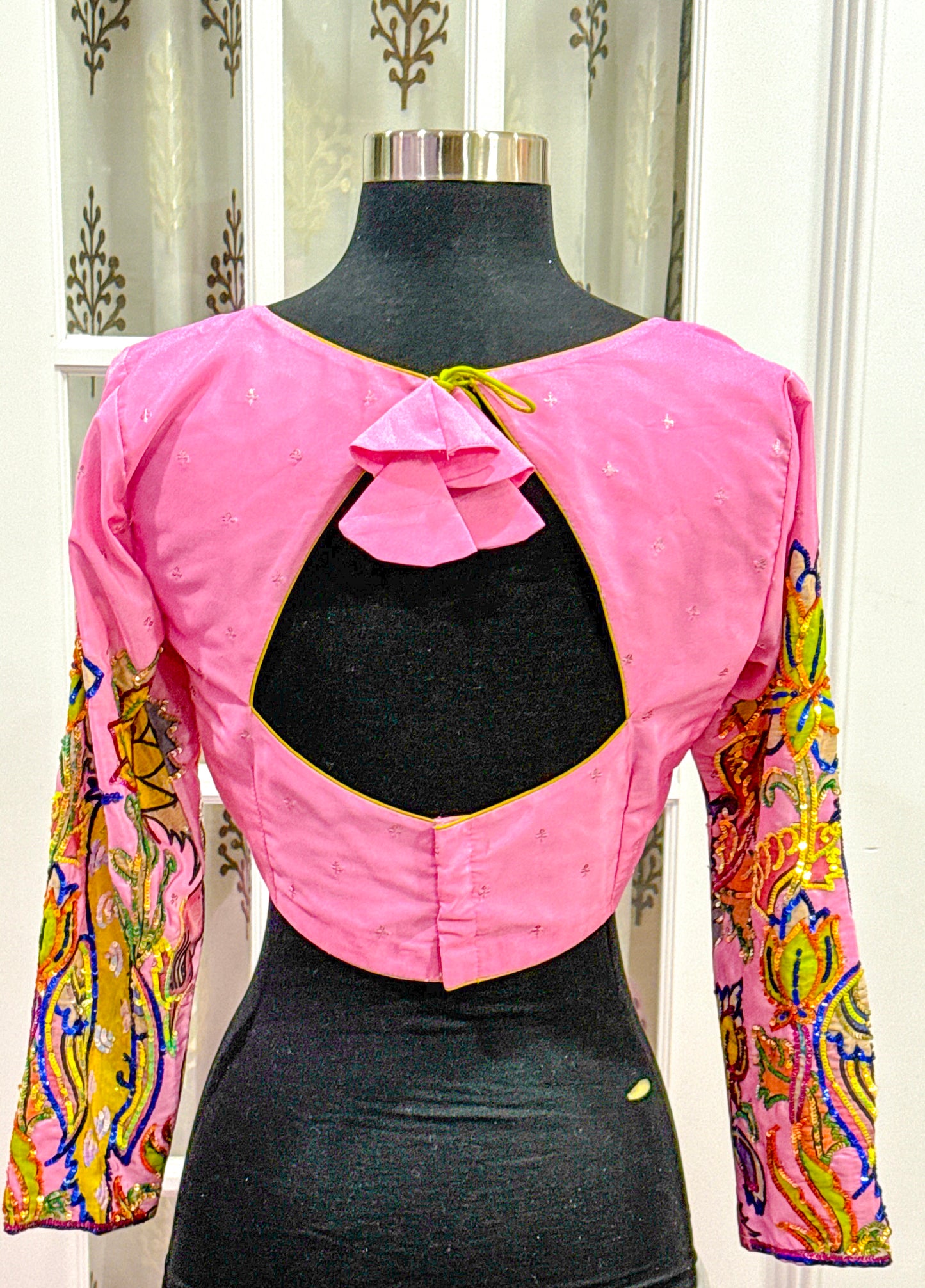 Beautiful pink Kalamkari half saree Maggam work / Aari work designer blouse full hands  and Ajanta print Dupatta. size fits 38-42 PartyWear function dress