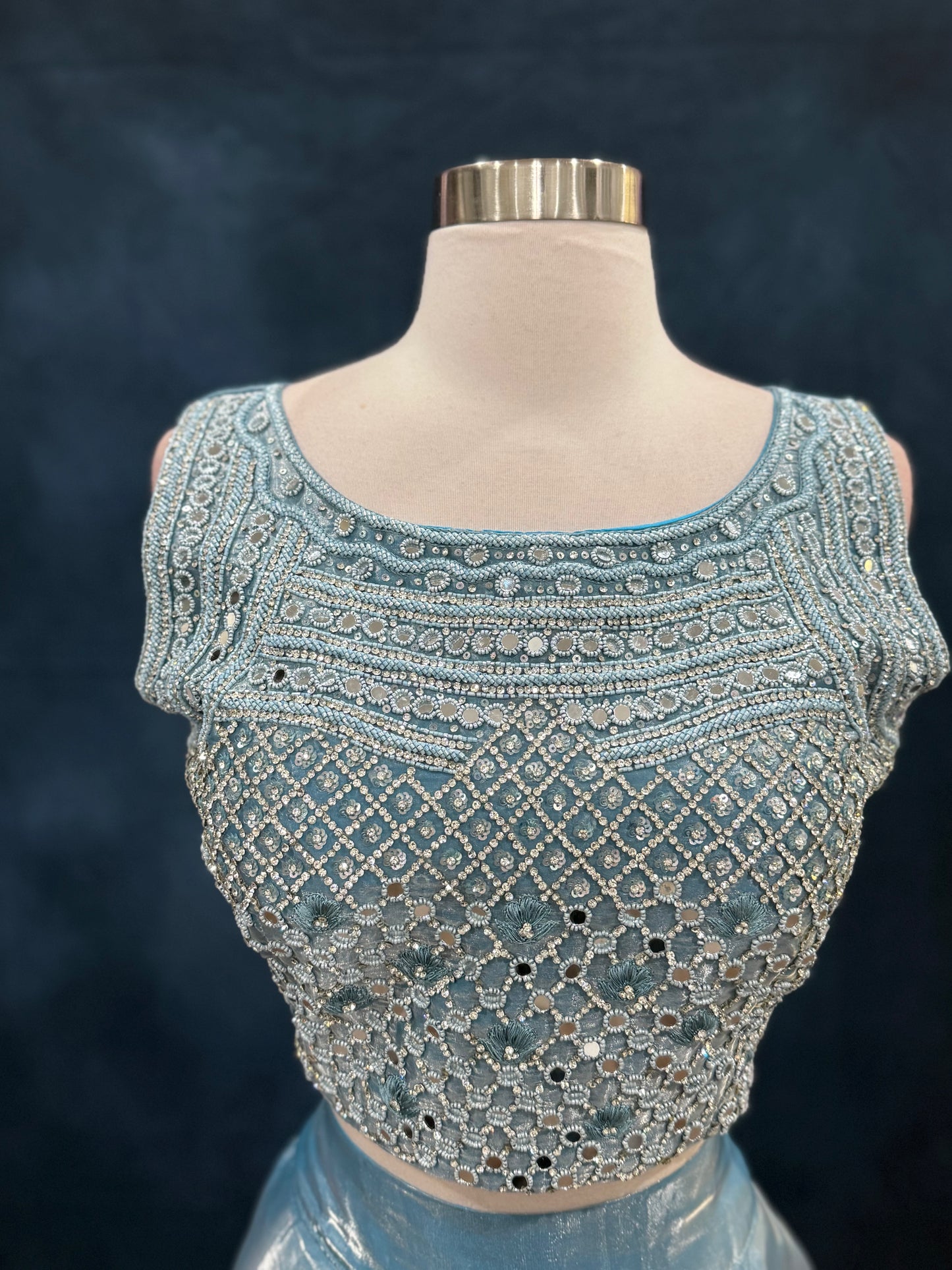 Sky Blue Organza Ruffle Lehenga Set | Mirror Work Crop Top | Size XL 42 | Ready to Wear Indian Outfit | Partywear | Wedding Guest Dress