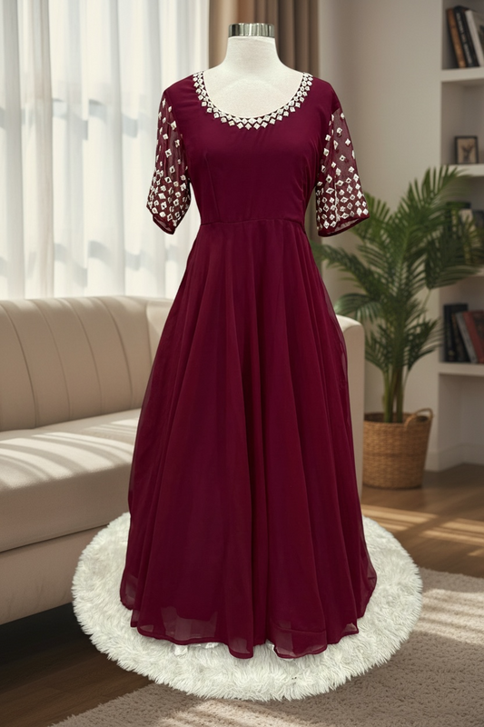 On Sale beautiful Georgette Anarkali Long gown in wine color  with mirror work in yoke and sleeve size 38 length 55 in ready to ship USA