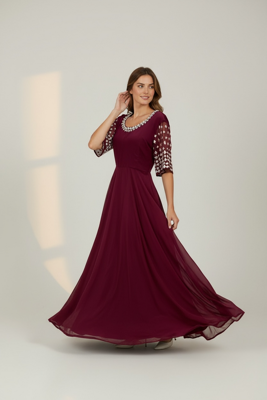 On Sale beautiful Georgette Anarkali Long gown in wine color  with mirror work in yoke and sleeve size 38 length 55 in ready to ship USA
