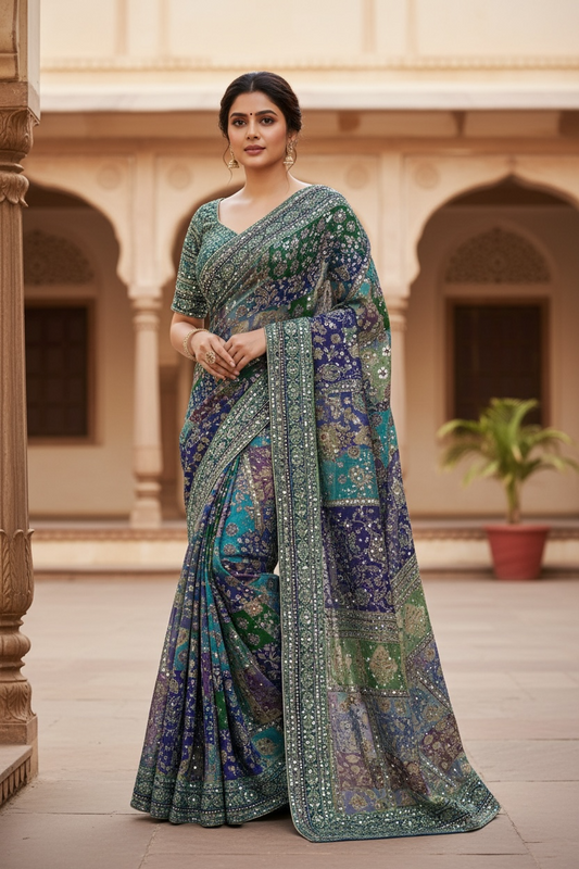 Pure Chinon Heavy Mirror Work Ajrakh Patchwork Saree with Designer Blouse (Size 40–44)