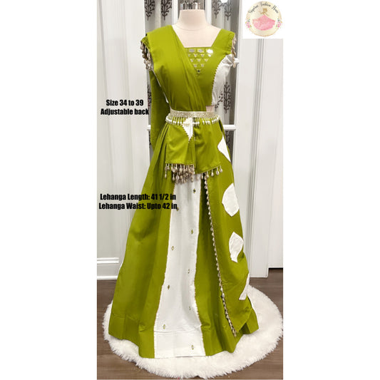 Gorgeous dual color Kali style Parro green cotton Chaniya Choli 6mtr flair with a trendy blouse with mirror work