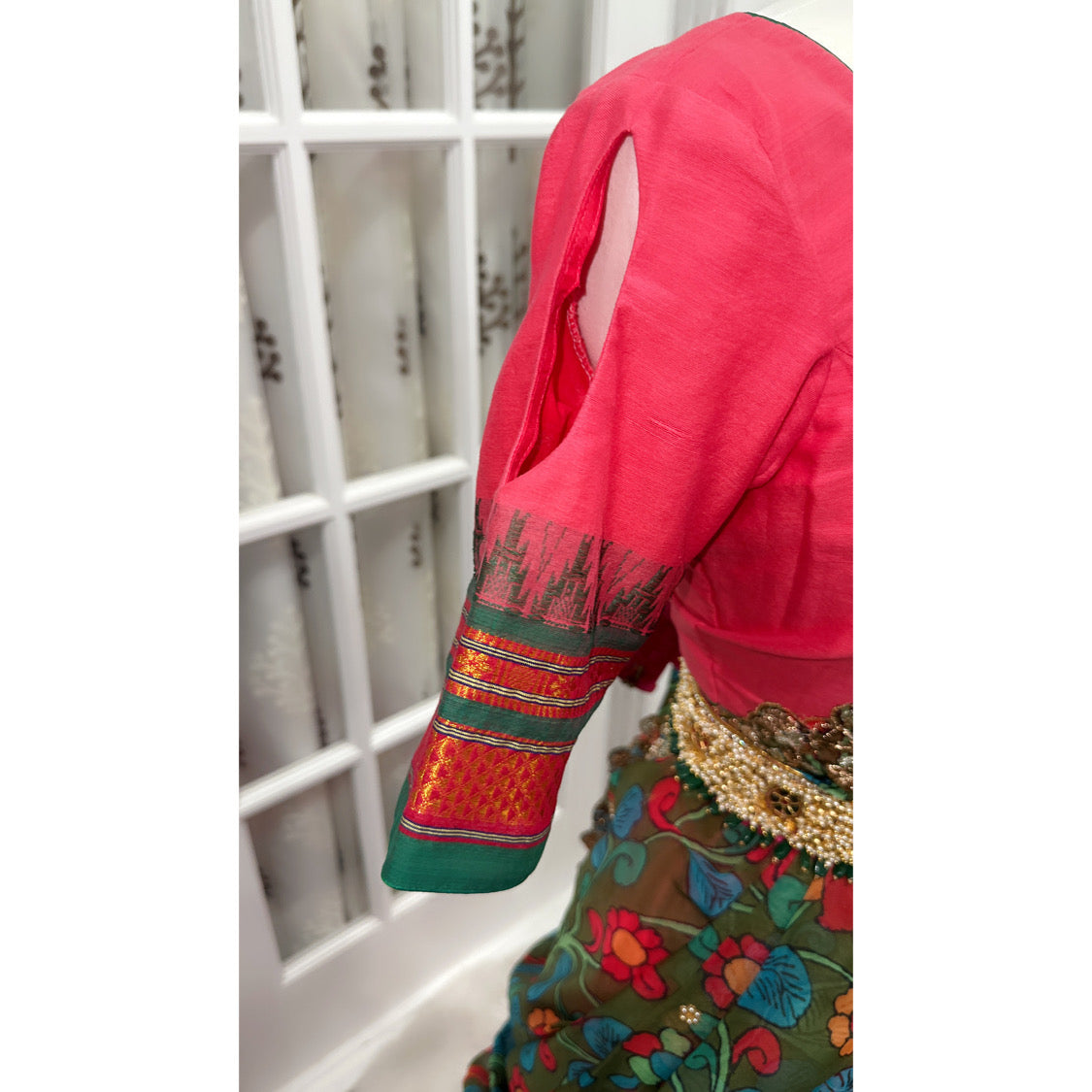 Traditional Naranyanpet pure cotton half saree with puff hand sleeves with   Organza duppatta in coral pink color Langa Voni