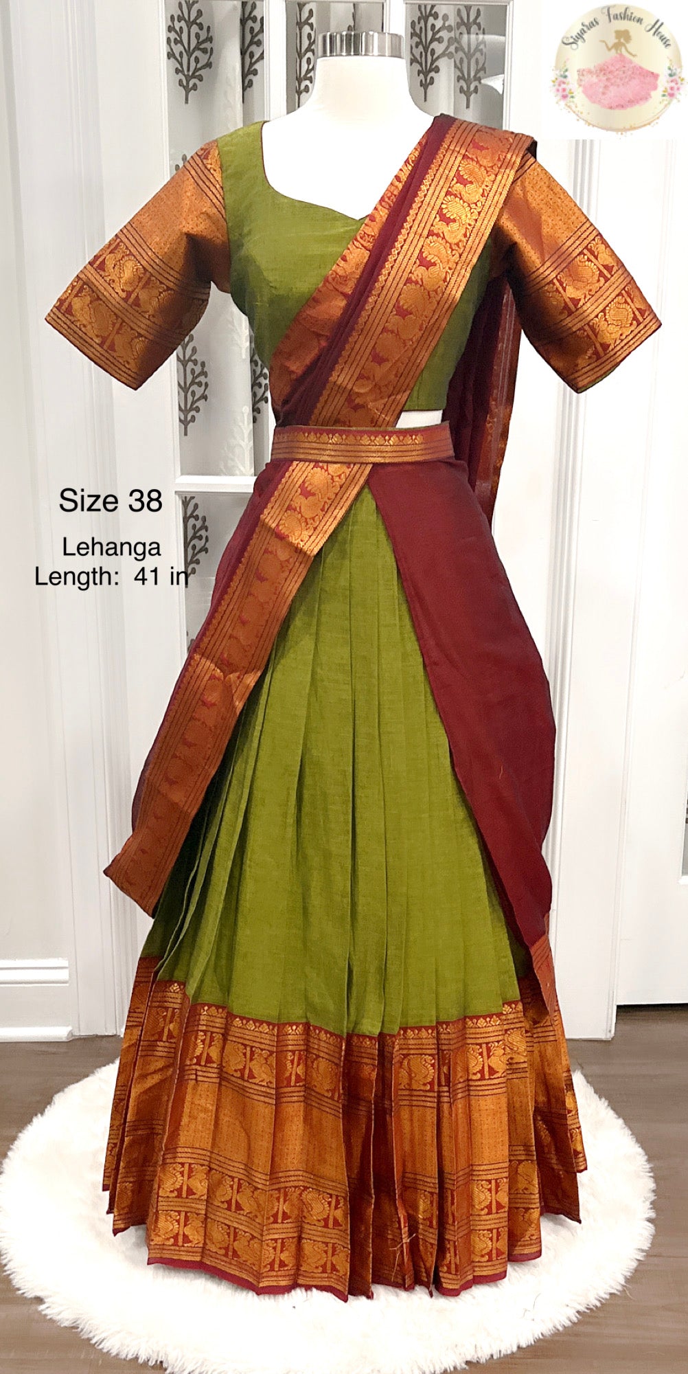 Elegant NarayanPet cotton Half Saree in parrot green and maroon color combo with zari border for Teens/Adults